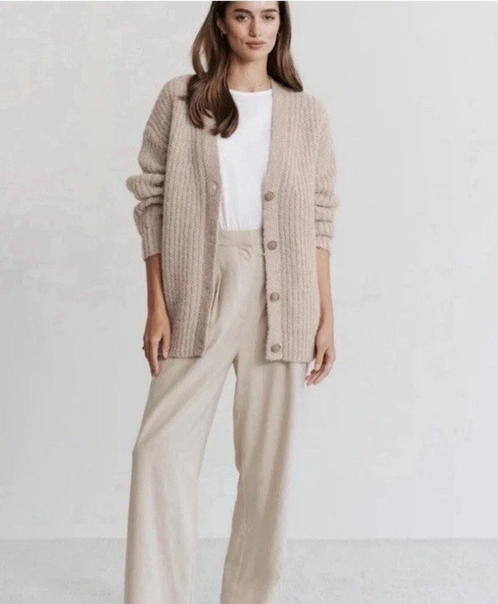 Jenni Kayne Beige Ribbed Knit Button-Front Cardigan Sweater Alpaca Blend S